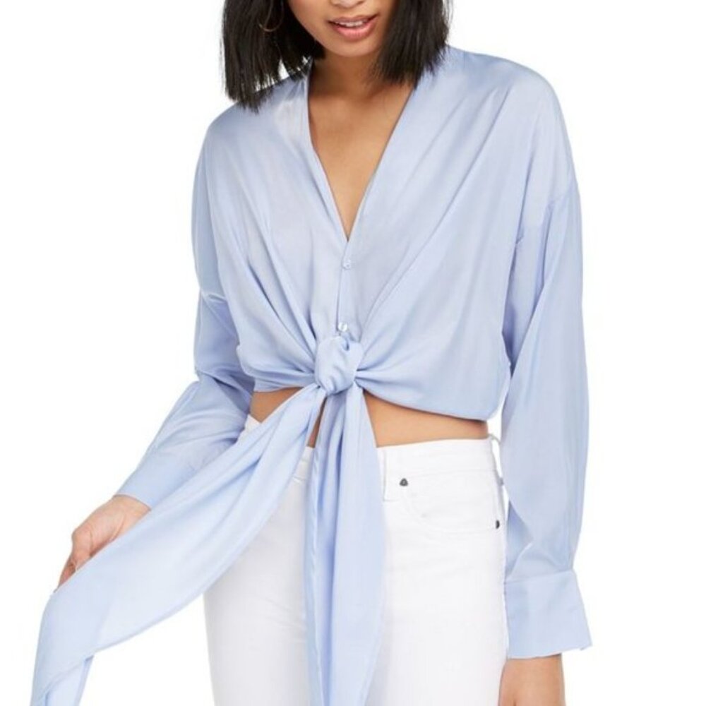 NWT Lucy Paris Gloria Cropped Tie-Hem Shirt ~Light blue